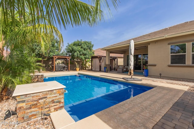 1036 W Siebold Tree Ave, Queen Creek, AZ 85140 - view of swimming pool with a patio area, a ceiling fan, a fenced backyard, a gazebo, and a pergola