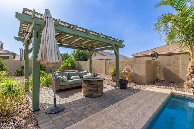 1036 W Siebold Tree Ave, Queen Creek, AZ 85140 - fenced backyard featuring a pergola, a patio, and an outdoor living space with a fire pit