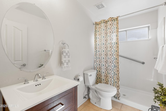 bathroom featuring tile patterned flooring, toilet, visible vents, vanity, and a shower with curtain