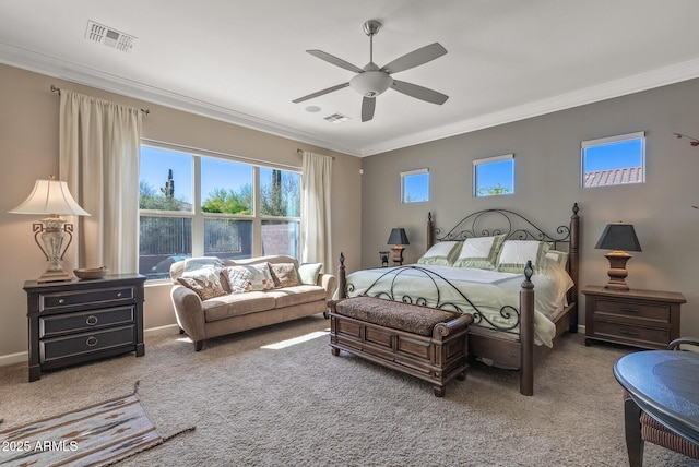 5813 E Ashler Hills Dr, Cave Creek, AZ 85331 - carpeted bedroom featuring ceiling fan, baseboards, crown molding, and visible vents