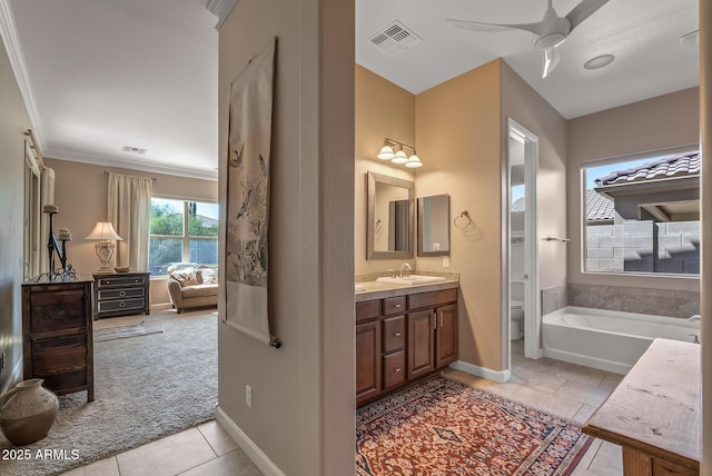 5813 E Ashler Hills Dr, Cave Creek, AZ 85331 - ensuite bathroom featuring visible vents, vanity, connected bathroom, baseboards, and ceiling fan