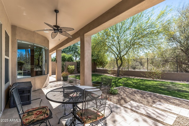 5813 E Ashler Hills Dr, Cave Creek, AZ 85331 - view of patio / terrace featuring a ceiling fan, outdoor dining space, and a fenced backyard
