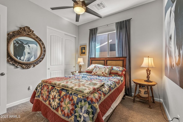 5813 E Ashler Hills Dr, Cave Creek, AZ 85331 - bedroom featuring a closet, ceiling fan, baseboards, carpet flooring, and visible vents