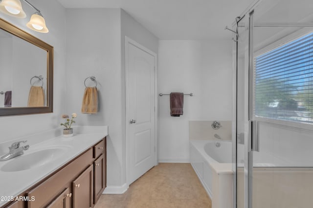 full bath with a shower stall, a bath, vanity, and tile patterned flooring