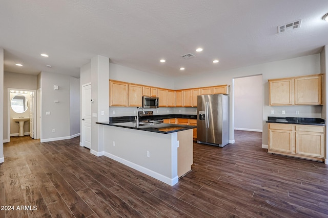 kitchen with sink, dark hardwood / wood-style flooring, stainless steel appliances, and light brown cabinetry