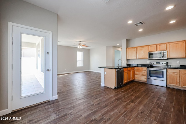 kitchen with dark wood-type flooring, sink, ceiling fan, kitchen peninsula, and stainless steel appliances