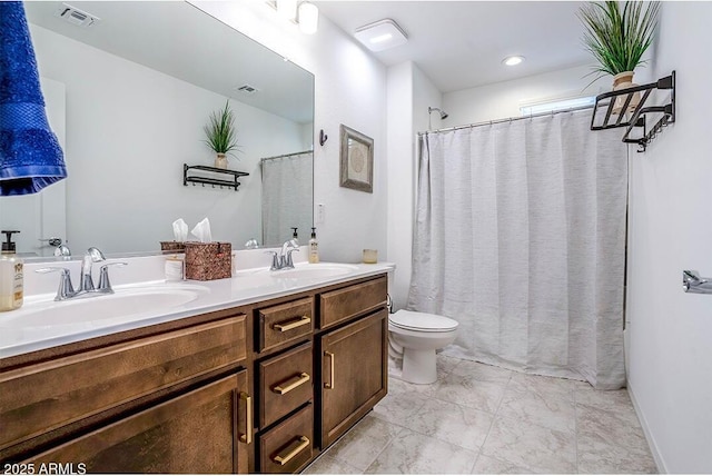32047 N 125th Ave, Peoria, AZ 85383 - full bathroom with toilet, double vanity, marble look tile flooring, and a shower with curtain