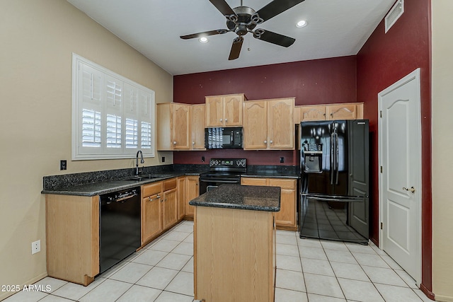 1391 W Windhaven Ave, Gilbert, AZ 85233 - kitchen featuring black appliances, a sink, a center island, light brown cabinetry, and a ceiling fan
