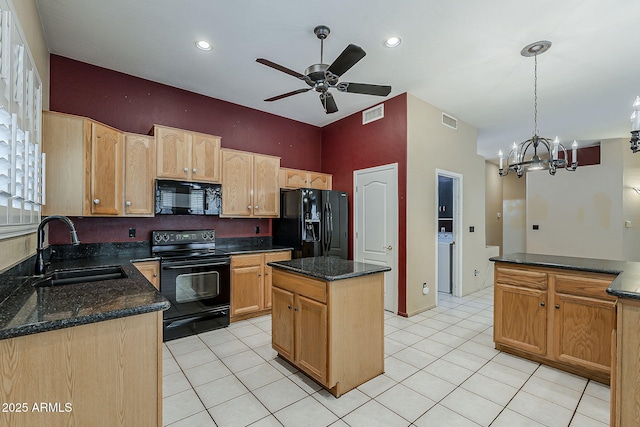 1391 W Windhaven Ave, Gilbert, AZ 85233 - kitchen with black appliances, a sink, a center island, ceiling fan, and a chandelier