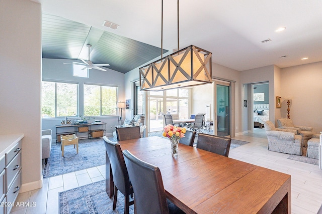 dining space with wooden ceiling, ceiling fan, and vaulted ceiling