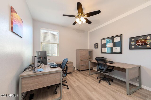 office area featuring ceiling fan and light hardwood / wood-style floors