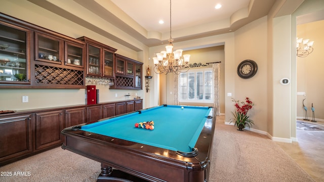 recreation room featuring billiards, baseboards, a raised ceiling, indoor wet bar, and recessed lighting