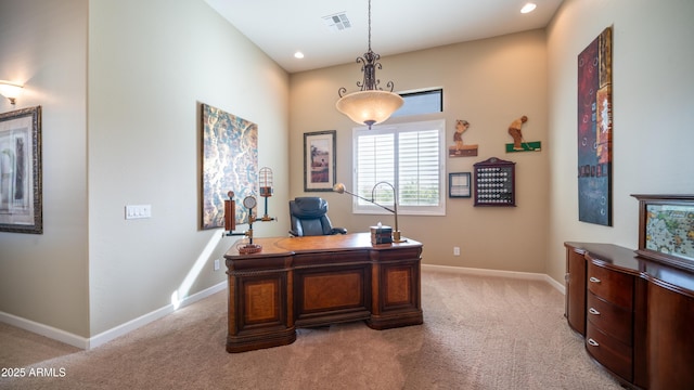 office with recessed lighting, visible vents, light carpet, and baseboards