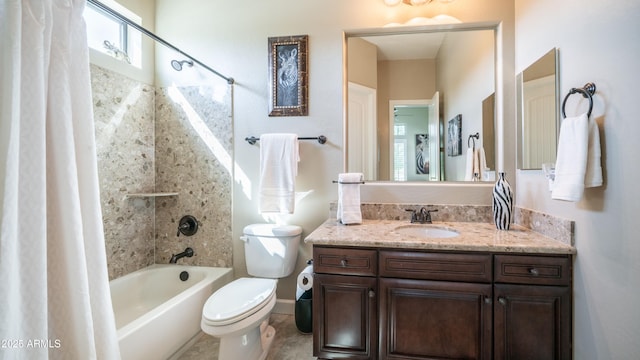 full bath with vanity, toilet, and shower / bath combo with shower curtain