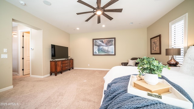 bedroom featuring recessed lighting, baseboards, ceiling fan, and light colored carpet