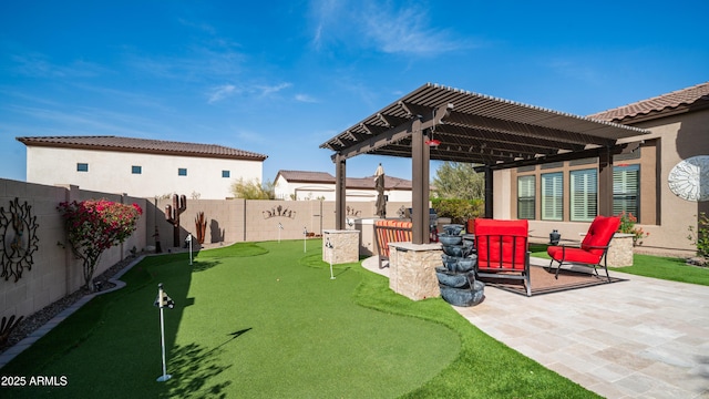 view of yard with a fenced backyard, a patio, and a pergola