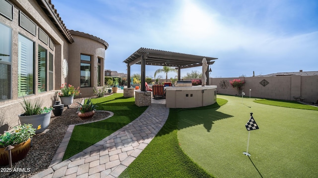 view of yard featuring a fenced backyard and a pergola