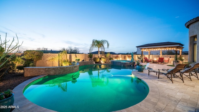 view of pool featuring a gazebo, a patio, a fenced backyard, and a pool with connected hot tub