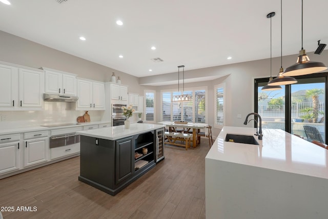 25454 N 73rd Ave, Peoria, AZ 85383 - kitchen with white cabinets, visible vents, a center island with sink, under cabinet range hood, and a sink