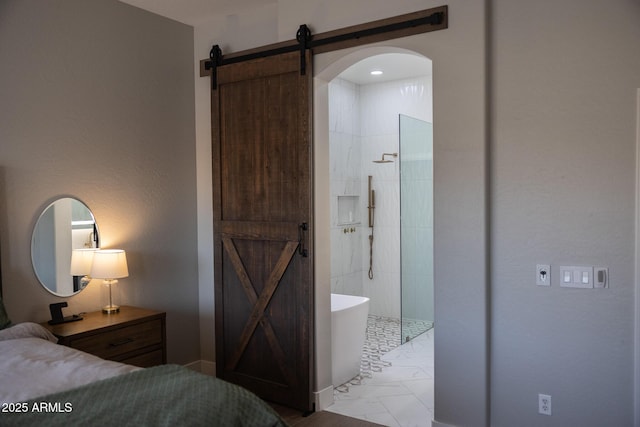 25454 N 73rd Ave, Peoria, AZ 85383 - bedroom with marble finish floor, a barn door, arched walkways, and ensuite bath