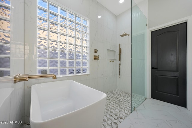 25454 N 73rd Ave, Peoria, AZ 85383 - full bath featuring tile walls, marble finish floor, a walk in shower, and a soaking tub