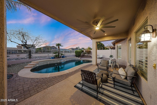 25454 N 73rd Ave, Peoria, AZ 85383 - pool at dusk with a fenced backyard, a fenced in pool, ceiling fan, and a patio
