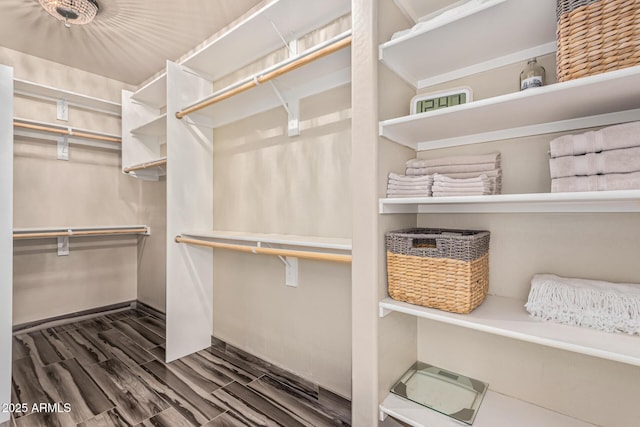 spacious closet with dark wood-style floors