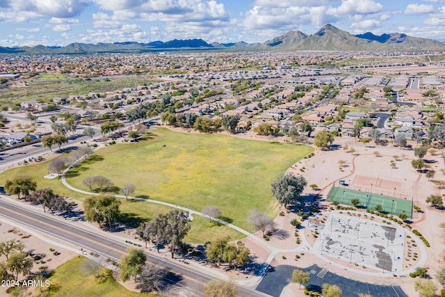 birds eye view of property with a residential view and a mountain view