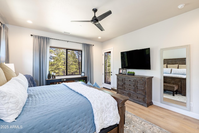 2582 S Cottonrose Ln, Flagstaff, AZ 86001 - bedroom featuring access to outside, light wood finished floors, baseboards, recessed lighting, and a ceiling fan