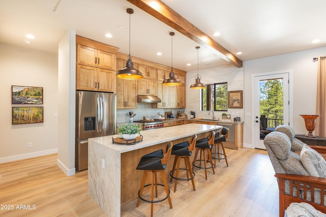 2582 S Cottonrose Ln, Flagstaff, AZ 86001 - kitchen with appliances with stainless steel finishes, under cabinet range hood, a sink, light wood finished floors, and decorative backsplash