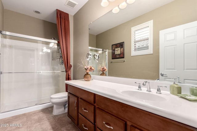 full bath with a shower stall, tile patterned flooring, visible vents, toilet, and vanity