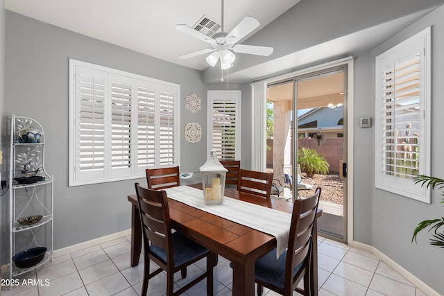 17611 W Ingleside Dr, Surprise, AZ 85374 - dining space with baseboards, visible vents, a ceiling fan, and light tile patterned flooring