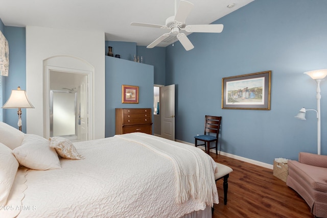 17611 W Ingleside Dr, Surprise, AZ 85374 - bedroom featuring a high ceiling, dark wood-style floors, a ceiling fan, and baseboards