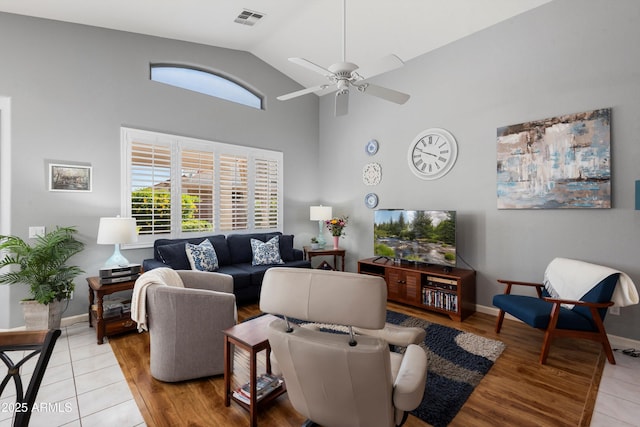 17611 W Ingleside Dr, Surprise, AZ 85374 - living room with visible vents, baseboards, light wood finished floors, a ceiling fan, and high vaulted ceiling