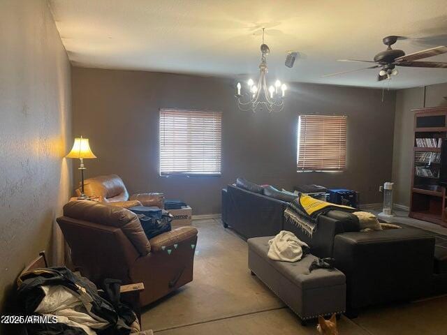 22744 E Carla Vista Dr, Mesa, AZ 85212 - living room with ceiling fan with notable chandelier and light carpet