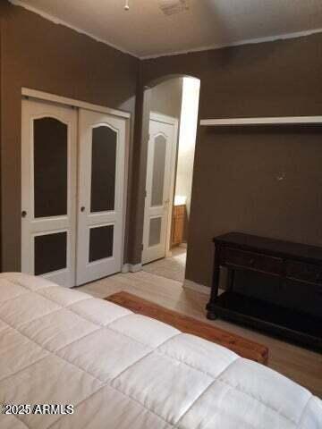22744 E Carla Vista Dr, Mesa, AZ 85212 - bedroom with light wood-type flooring, a closet, and arched walkways