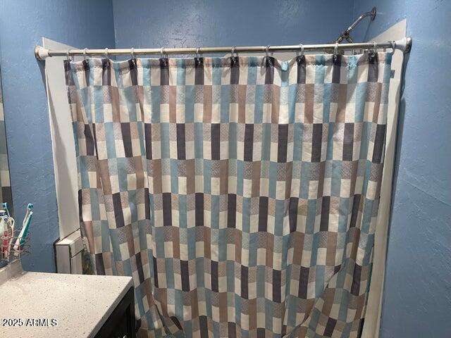 22744 E Carla Vista Dr, Mesa, AZ 85212 - full bathroom featuring a textured wall, vanity, and a shower with shower curtain
