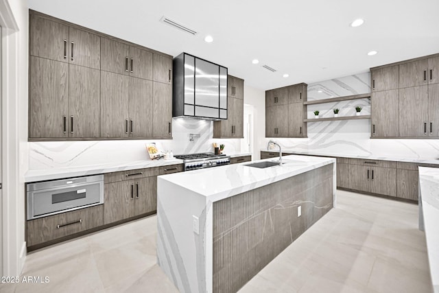 kitchen with open shelves, modern cabinets, visible vents, and stove