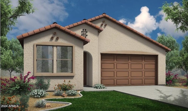 mediterranean / spanish-style house featuring driveway, an attached garage, a tile roof, and stucco siding