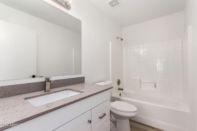 full bathroom with vanity, toilet, tub / shower combination, and wood-type flooring