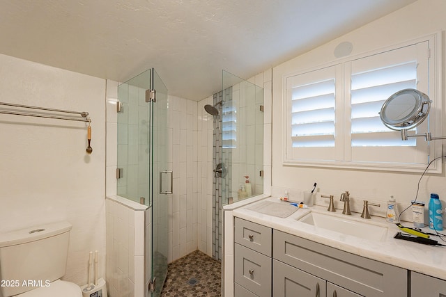 bathroom with vanity, a shower with door, toilet, and lofted ceiling