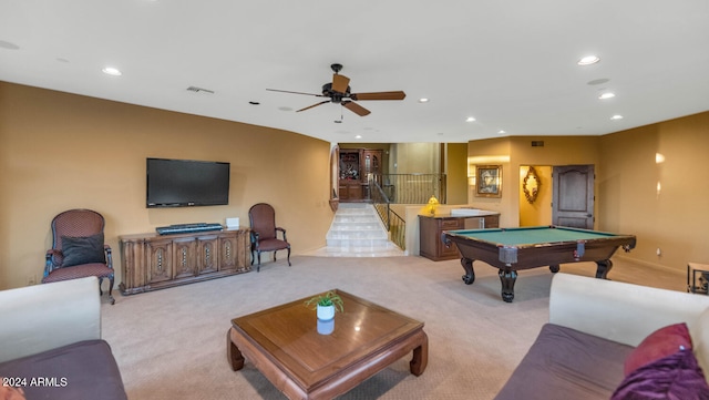 rec room with ceiling fan, light carpet, and billiards