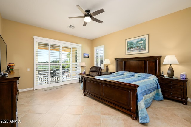 tiled bedroom featuring access to exterior and ceiling fan