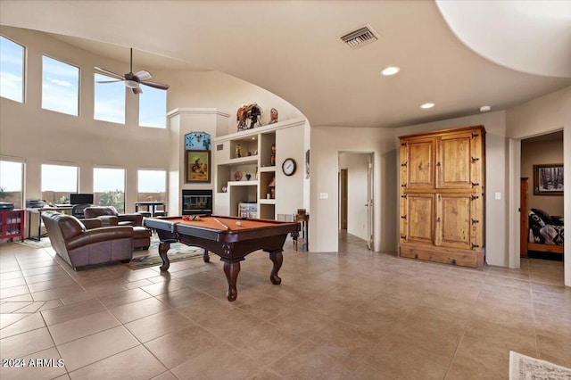 playroom featuring light tile floors, billiards, and ceiling fan