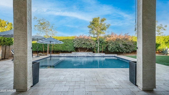 pool featuring a fenced backyard and a patio