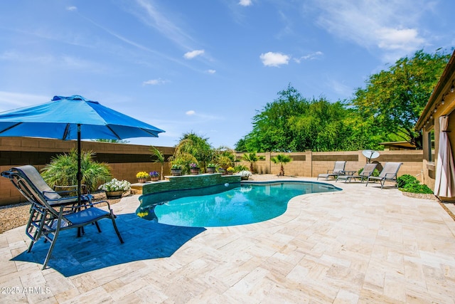 view of swimming pool with a fenced in pool, a patio, and a fenced backyard