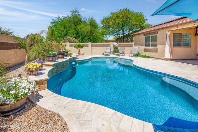 view of swimming pool featuring a patio, a fenced in pool, and a fenced backyard
