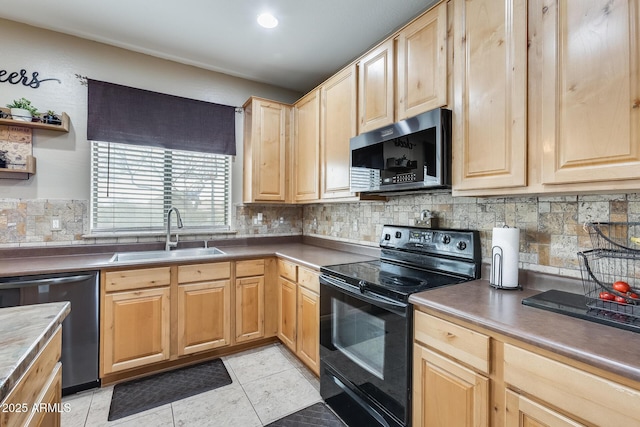 kitchen featuring open shelves, stainless steel appliances, tasteful backsplash, light brown cabinetry, and a sink