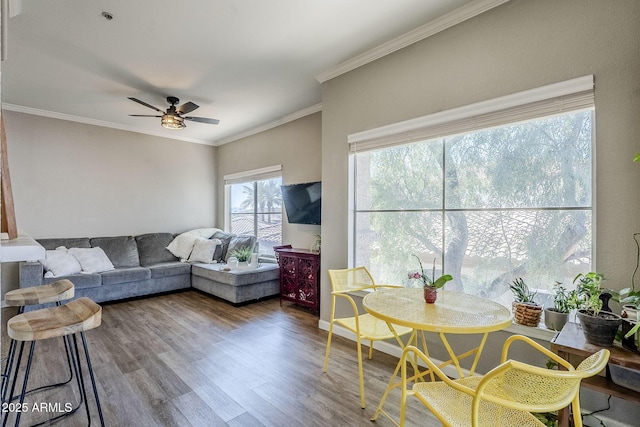 living room featuring crown molding, wood finished floors, and ceiling fan