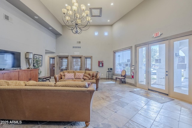 living area featuring recessed lighting, french doors, baseboards, a chandelier, and visible vents